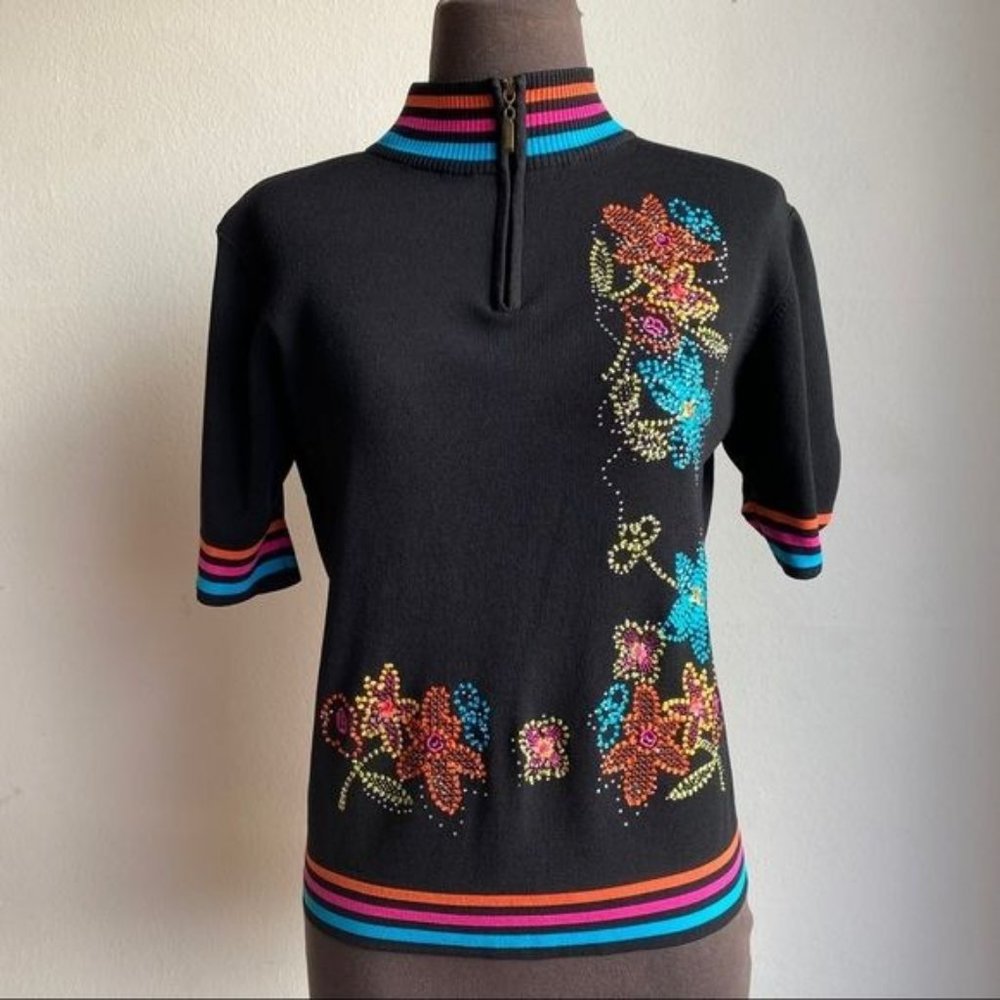 Vintage sz S retro embroidered beaded floral top